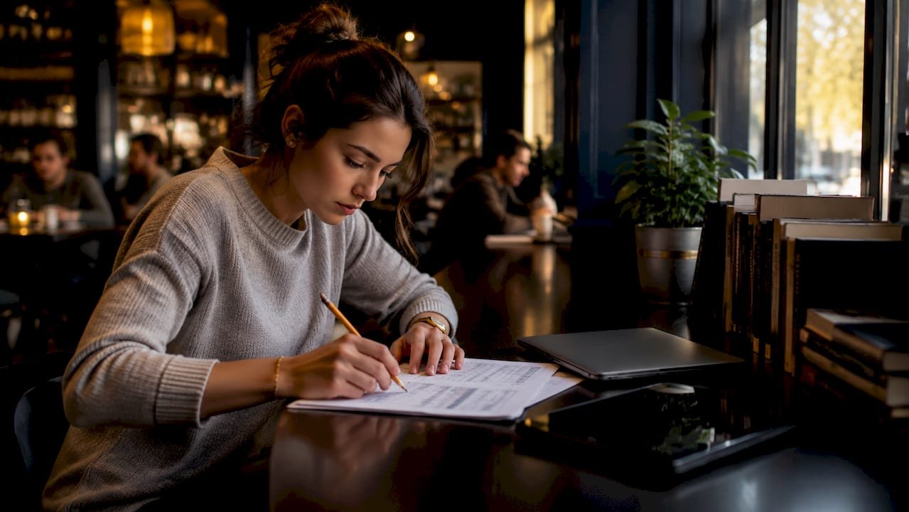 Woman calculating expected value at home office desk