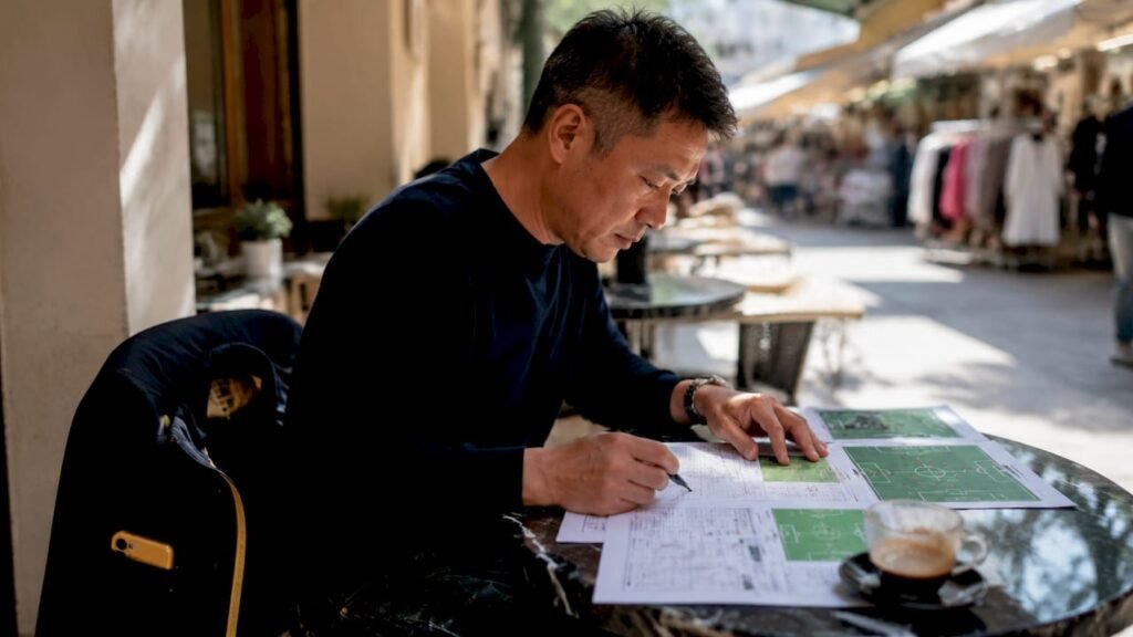 Man reading football match analysis at café