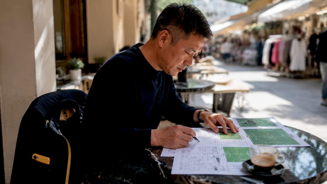 Man reading football match analysis at café