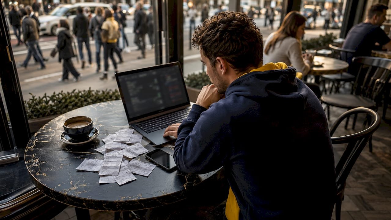 Man tracking football betting lines at desk