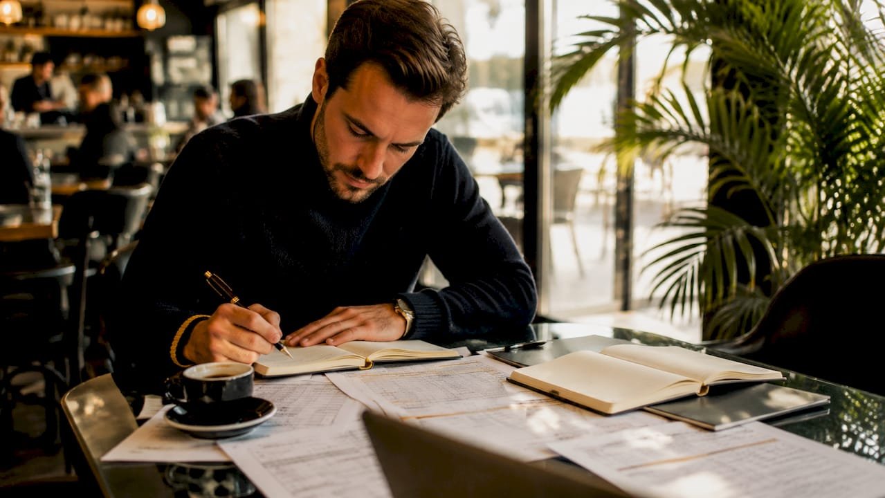 Person studying football betting markets at desk