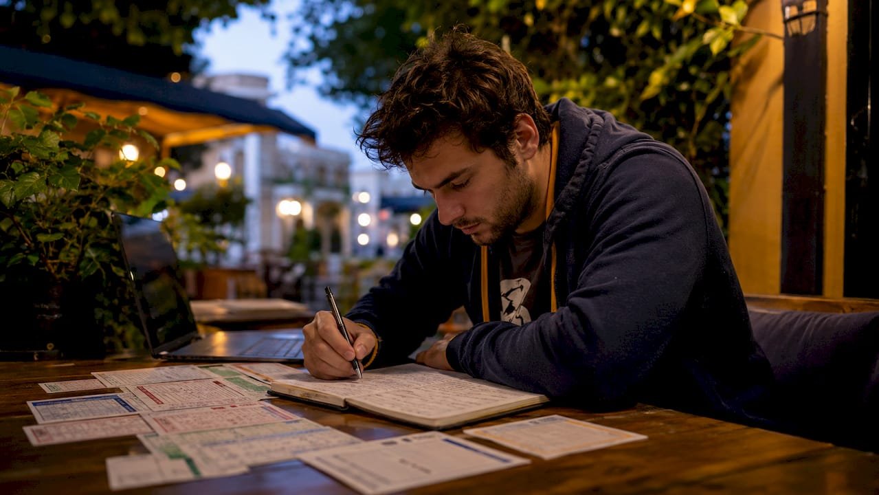 Football bettor reviewing daily picks at desk
