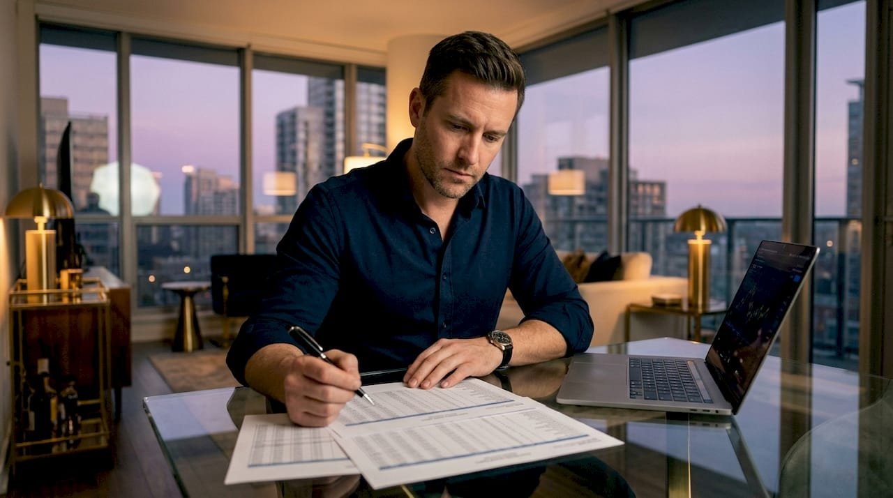 Male bettor analyzing sports statistics at home desk