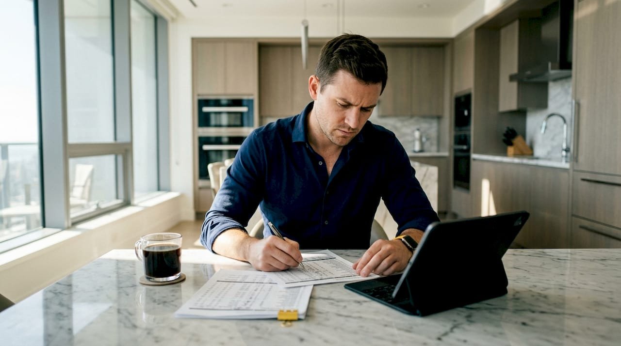 Man analyzing football betting sheets at home desk