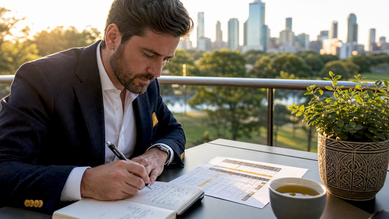 Man reviewing football betting checklist at desk