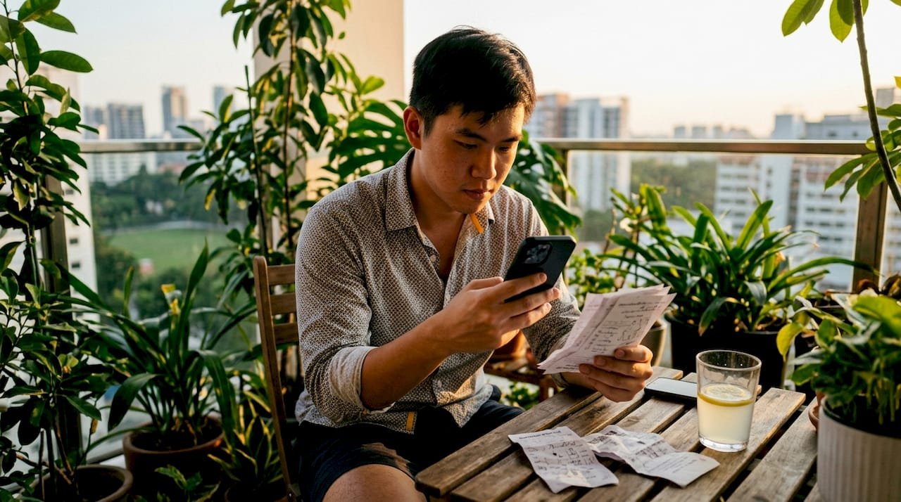 Singapore bettor using smartphone and notes