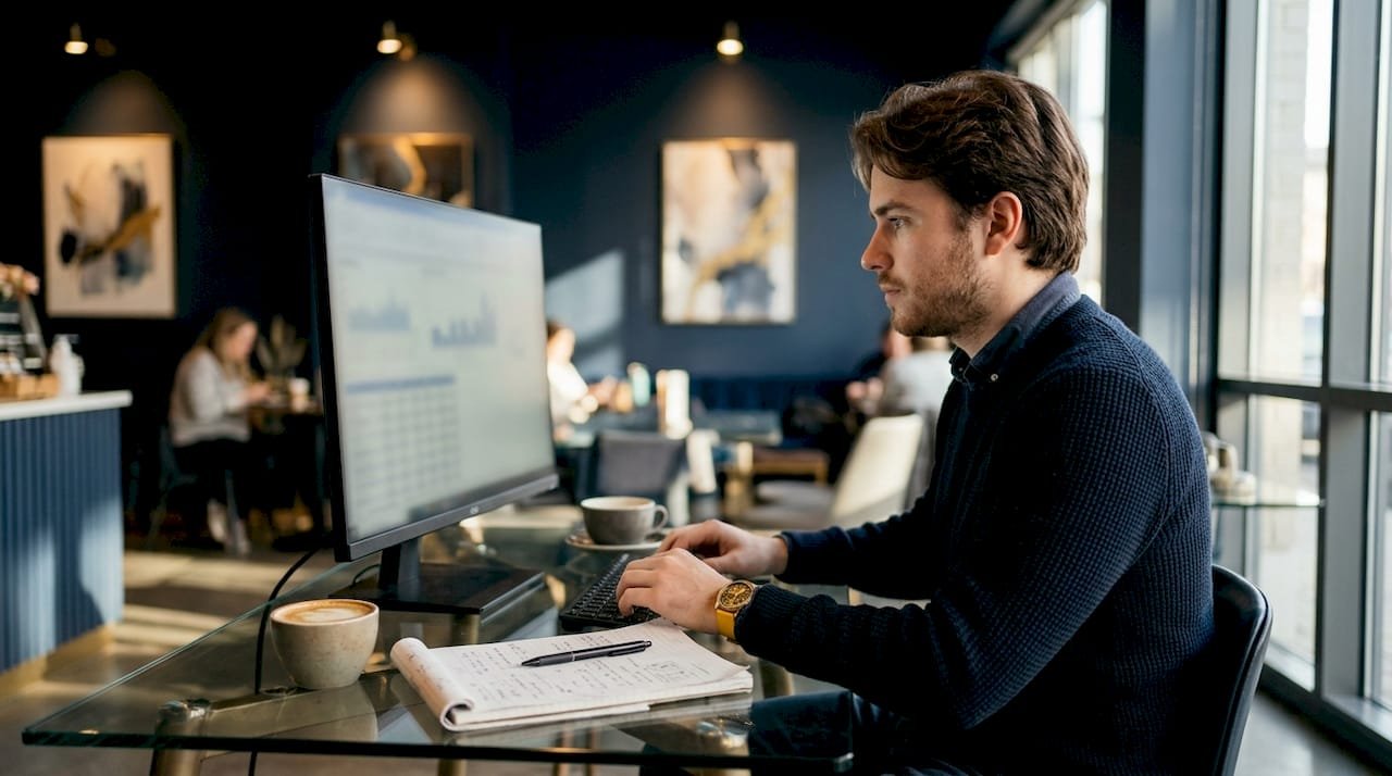 Football statistics analyst working at desk