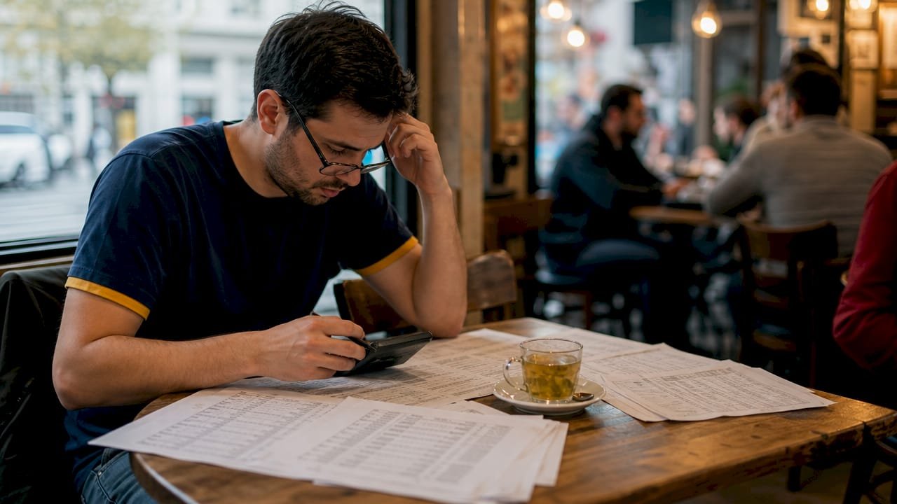 Man calculating football odds margin at kitchen table