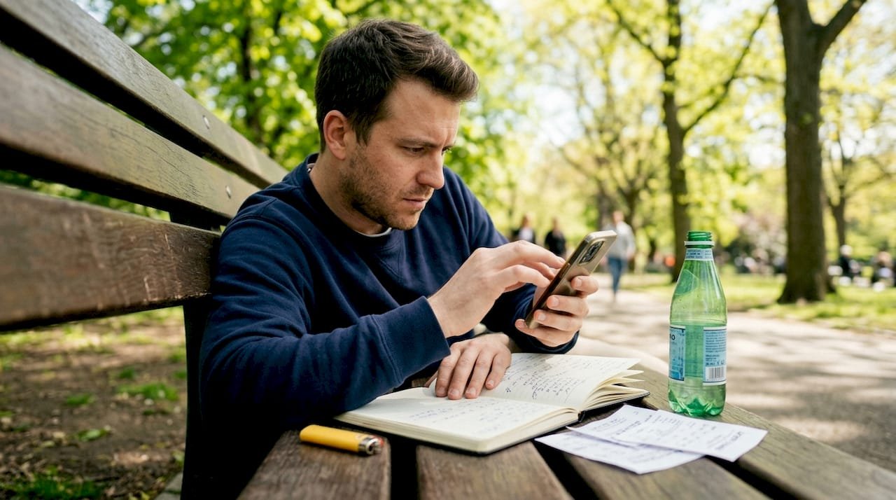 Man using phone for football betting in café