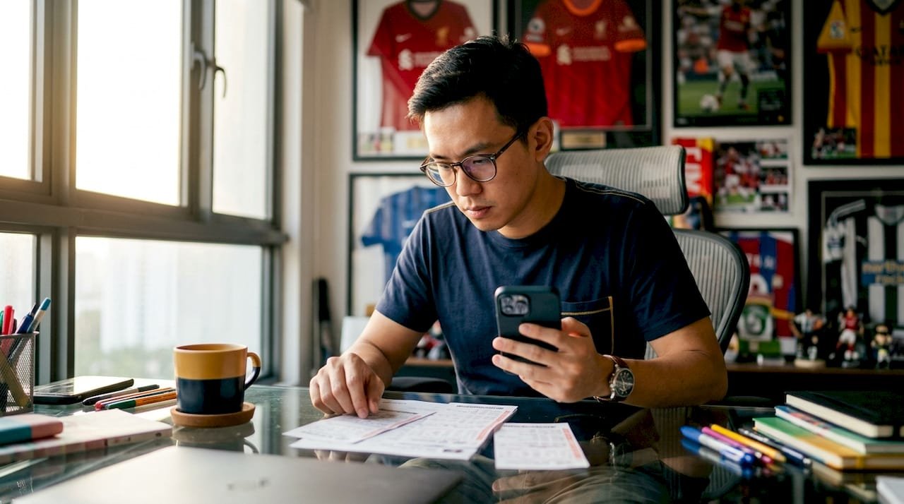 Singapore bettor analyzing football betting odds at desk