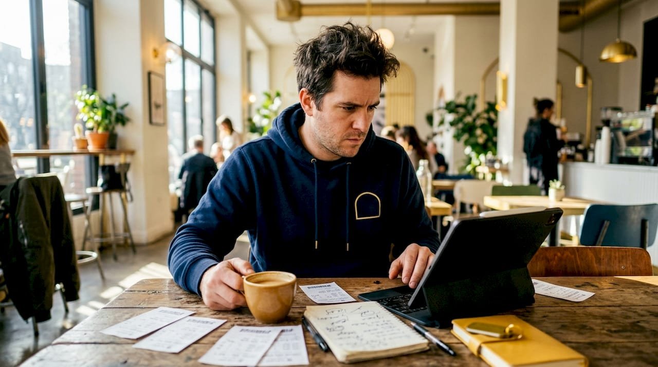 Sports bettor reviewing late team news at table