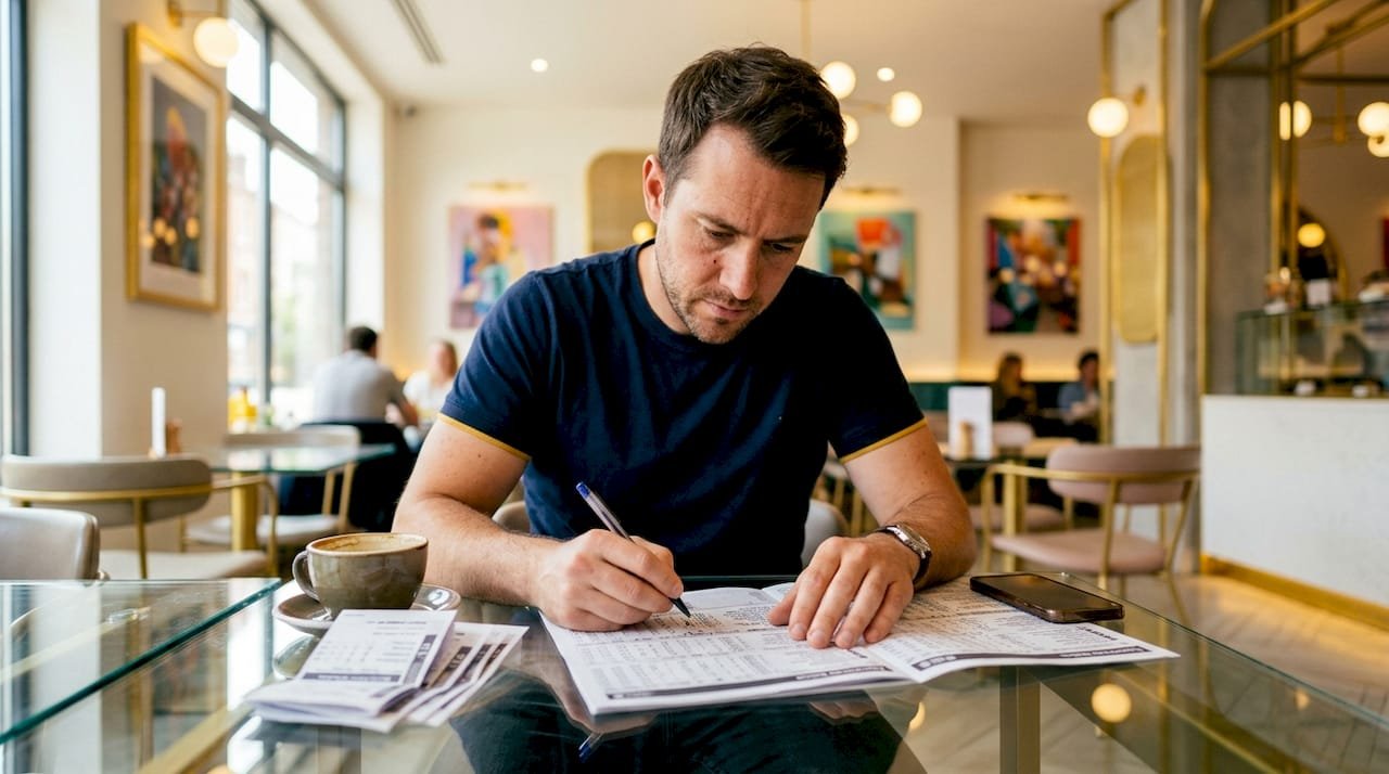 Casual gambler reviewing betting sheets at home