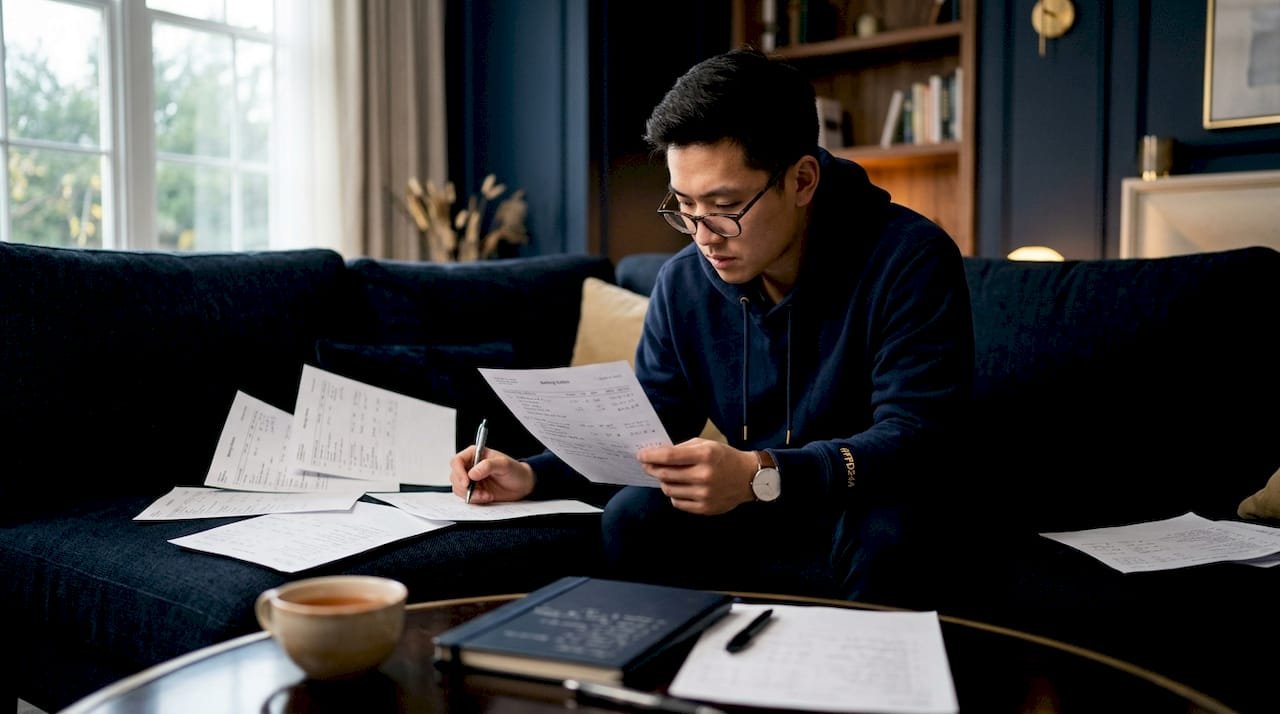 Man studying football betting odds at table