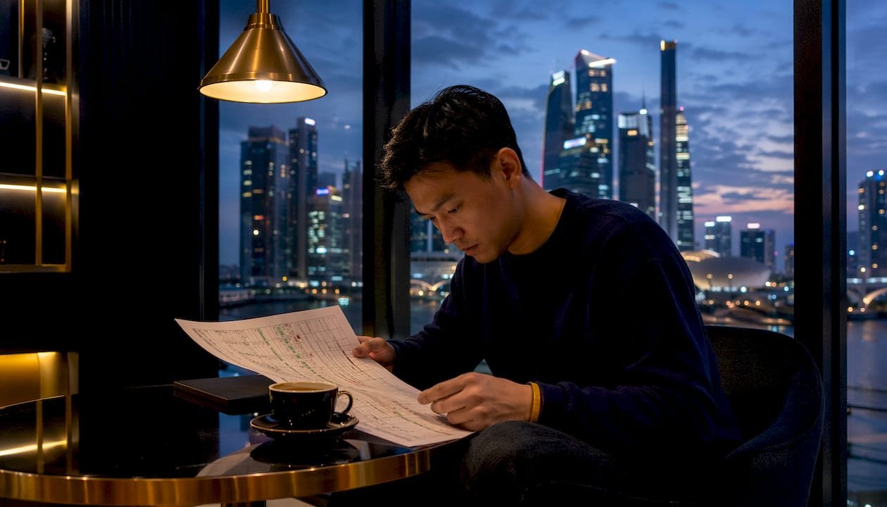 Man reviewing football betting results in apartment