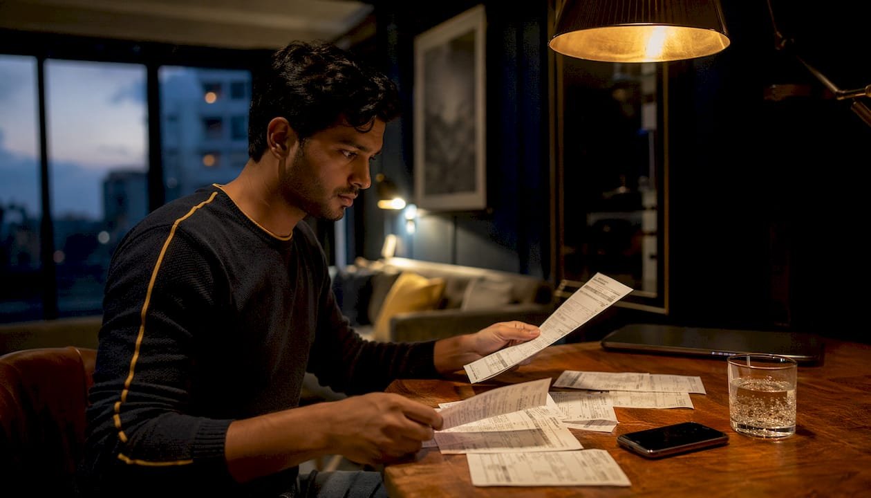 Man planning soccer betting strategy at home table