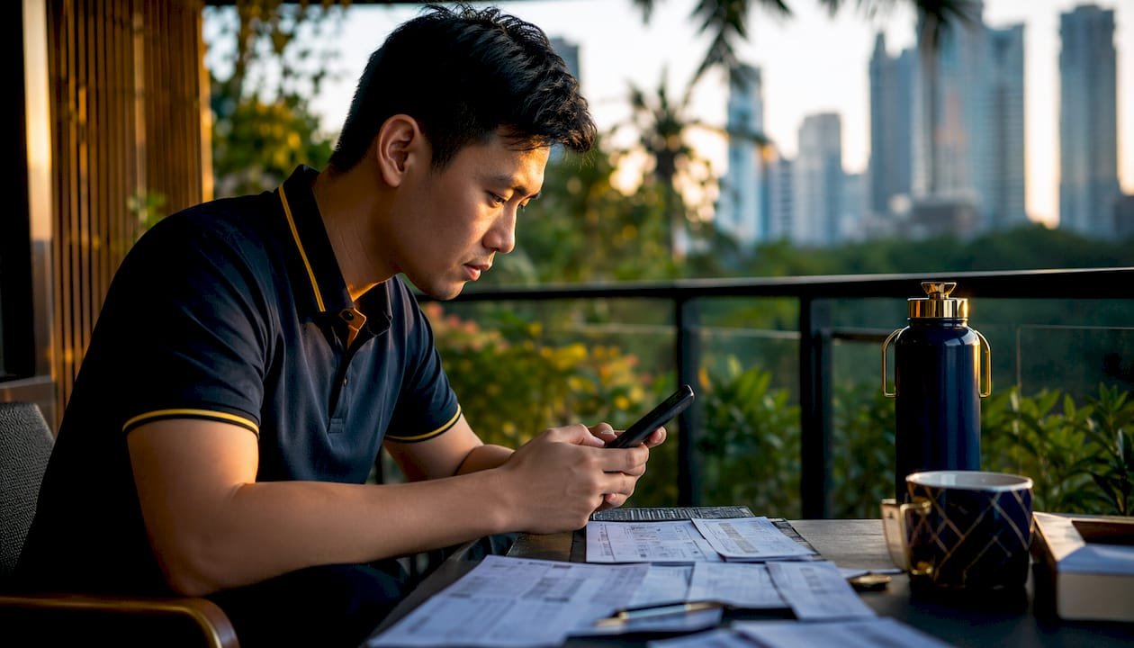 Bettor checking currency display on phone in home office