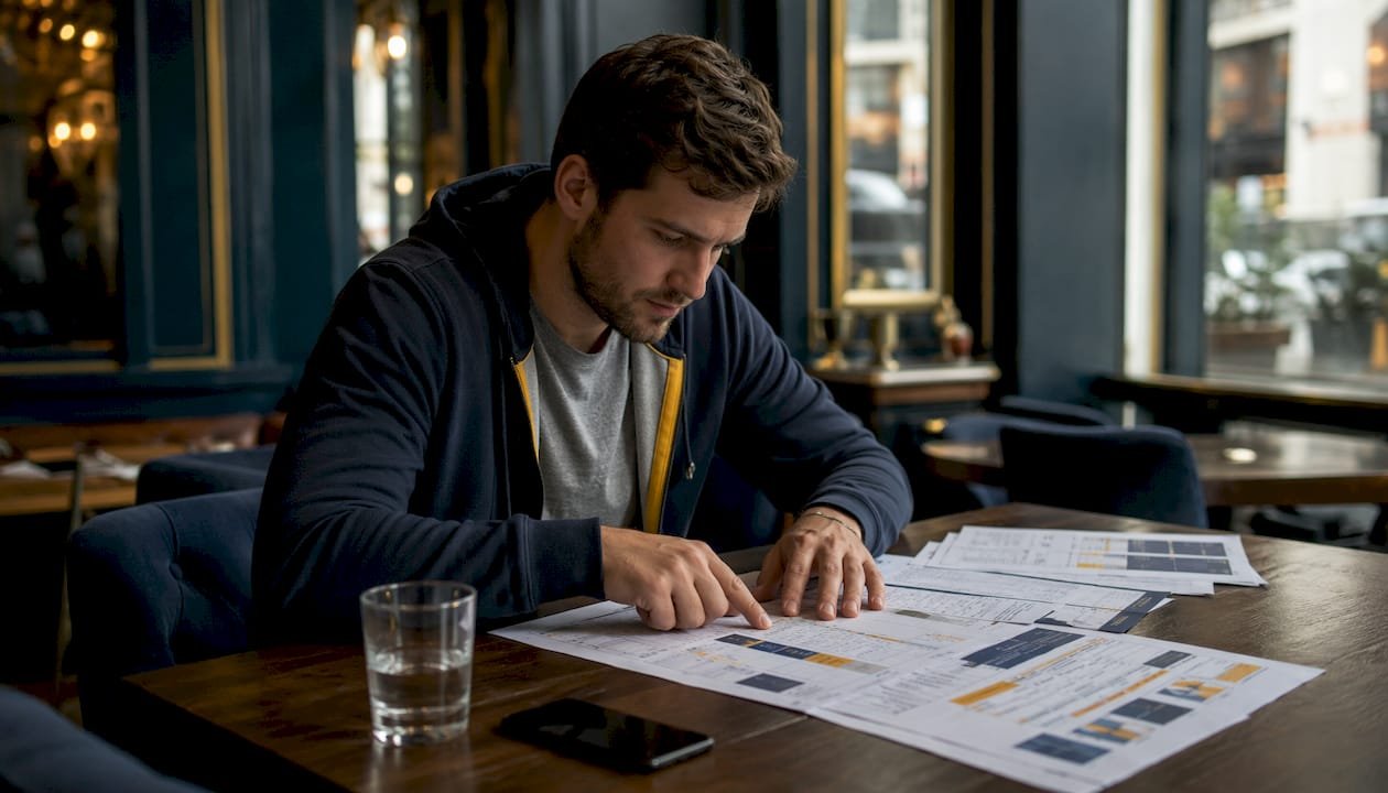 Man reviewing football betting predictions