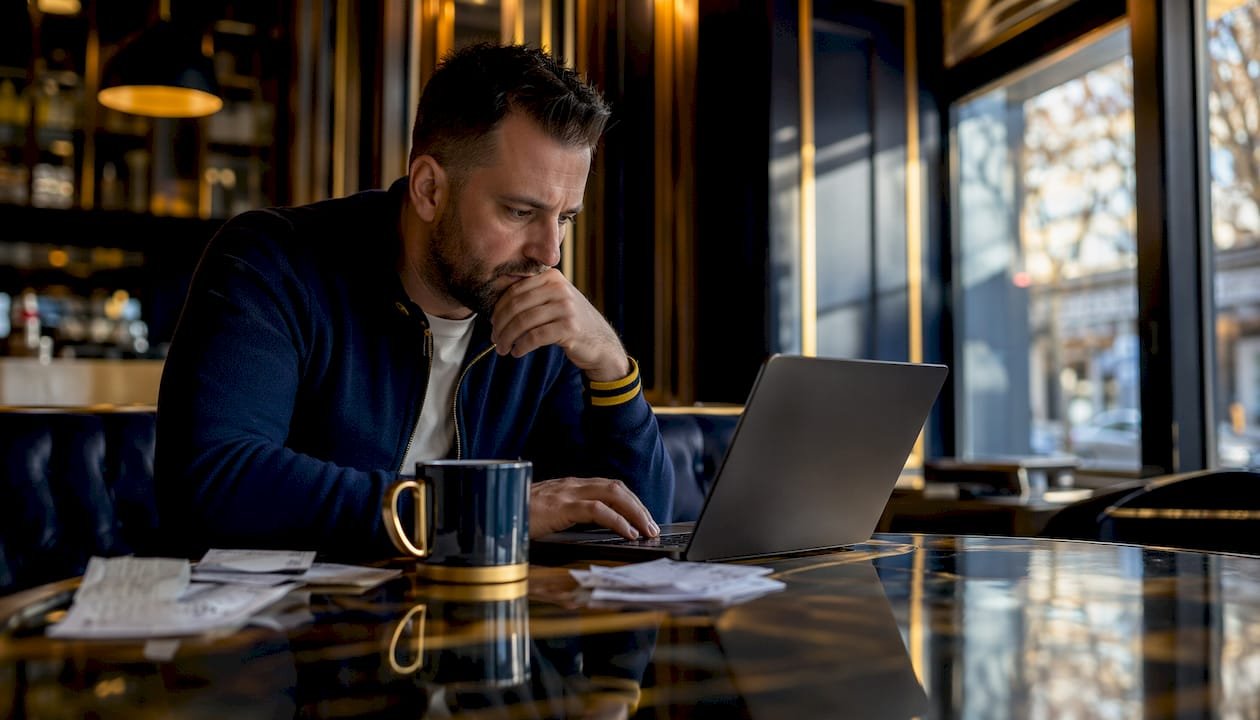 Football betting analyst working at cluttered home desk