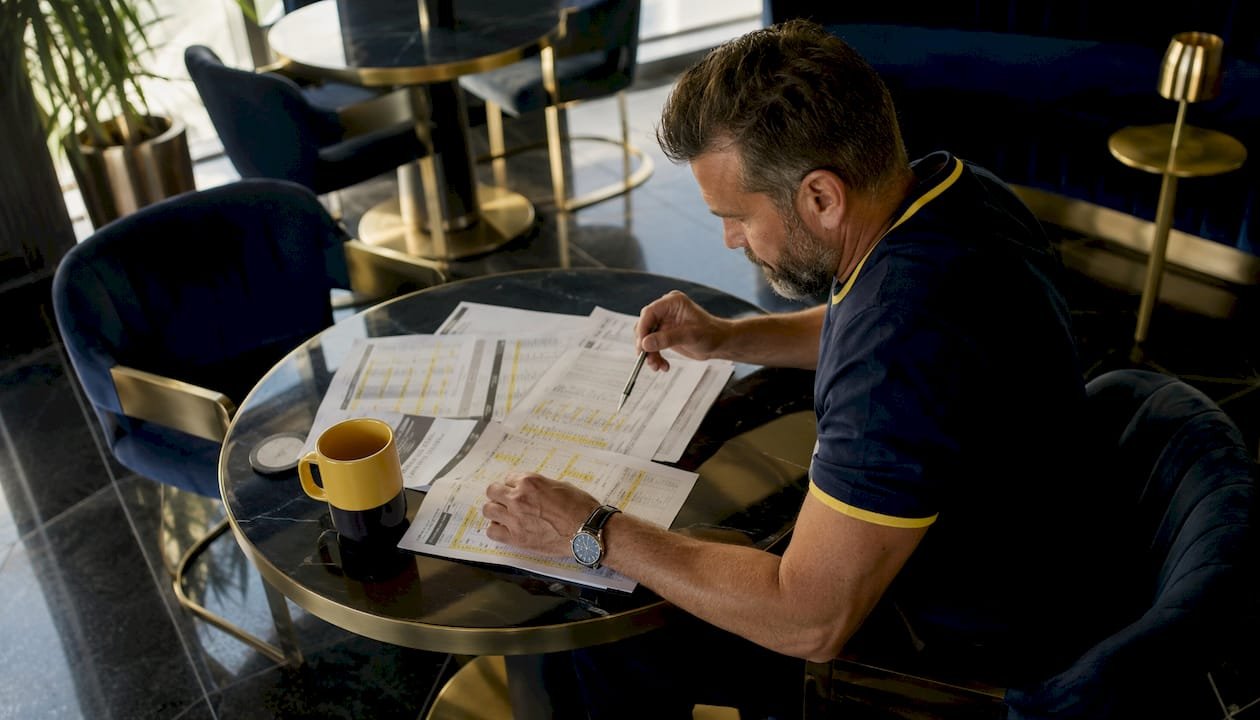 Man analyzing betting confidence rating documents