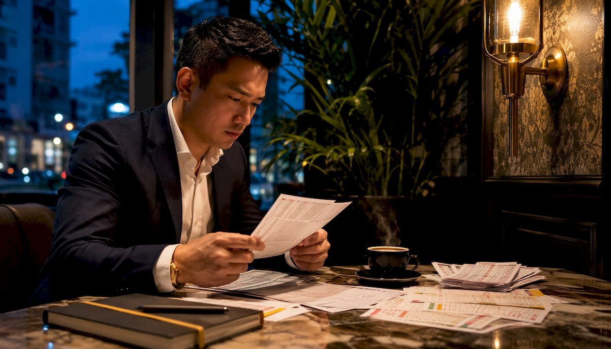 Bettor analyzing bookmaker odds at home desk
