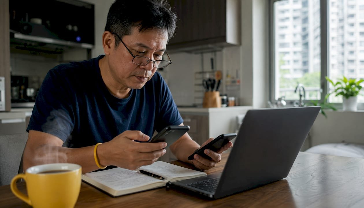 Man comparing World Cup betting apps at home desk