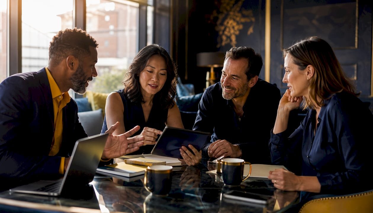 Group discussing betting signals at cafe table