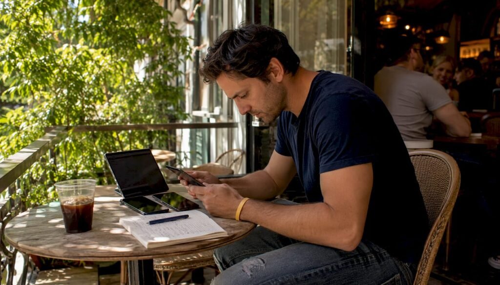Man comparing betting odds on multiple devices