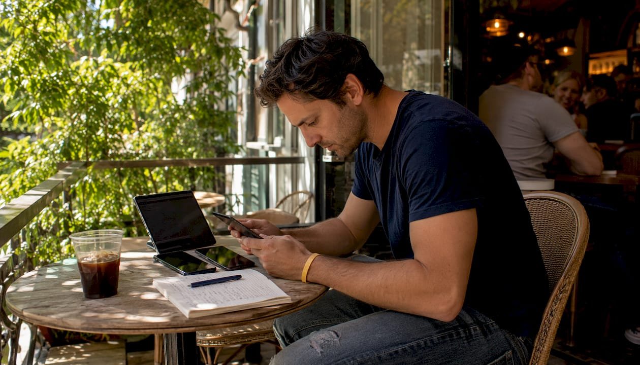 Man comparing betting odds on multiple devices