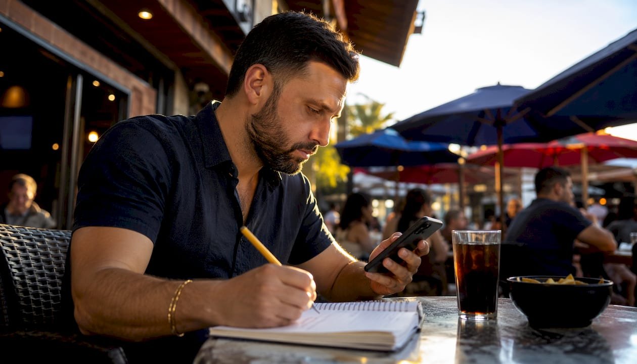 Man using smartphone and taking notes on betting insights
