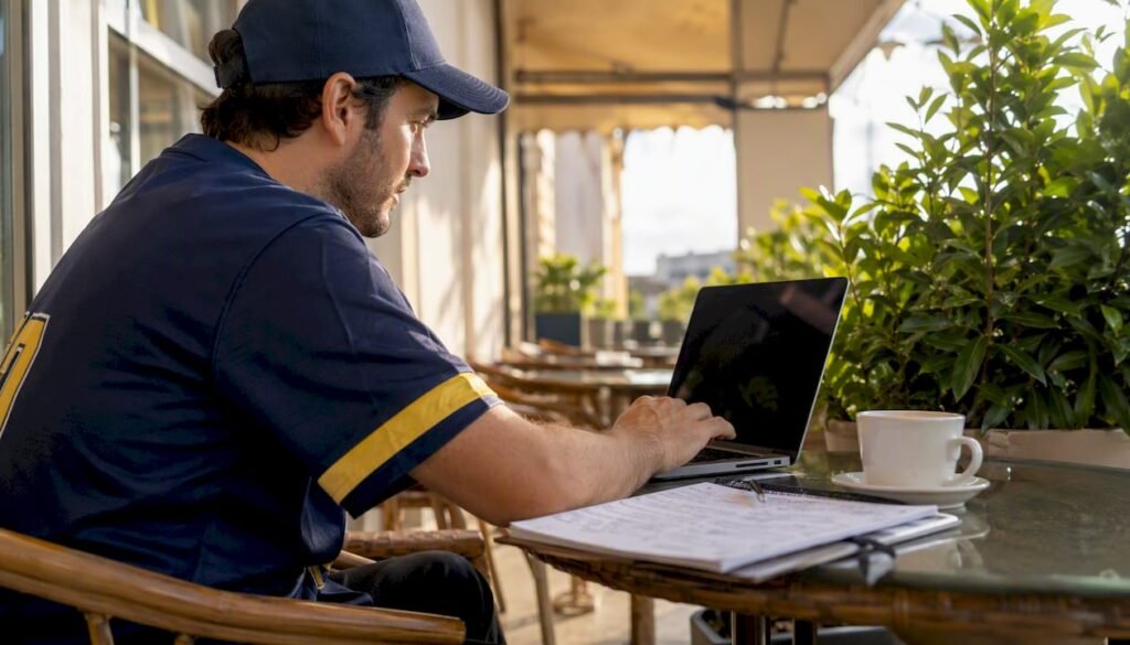 Man analyzing football prediction poll on laptop