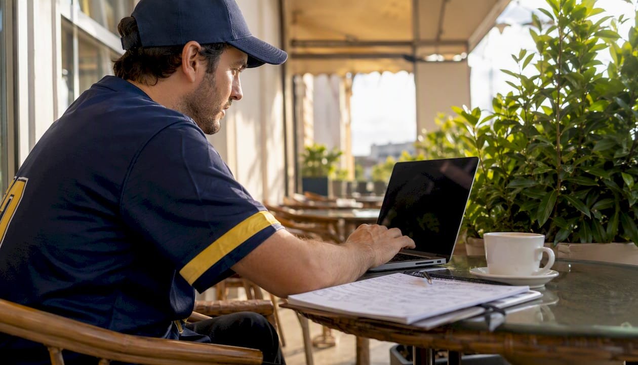 Man analyzing football prediction poll on laptop
