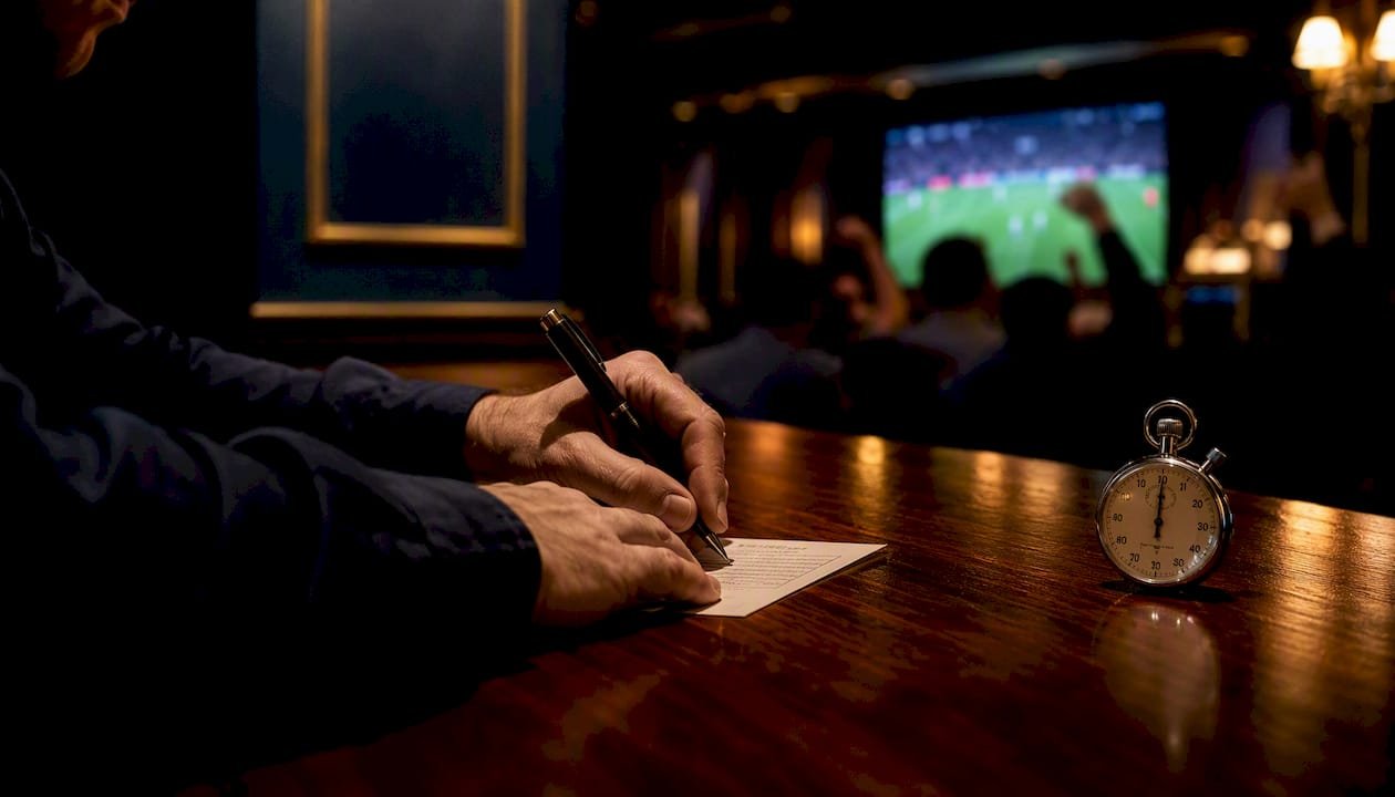 Hands filling football betting slip with stopwatch