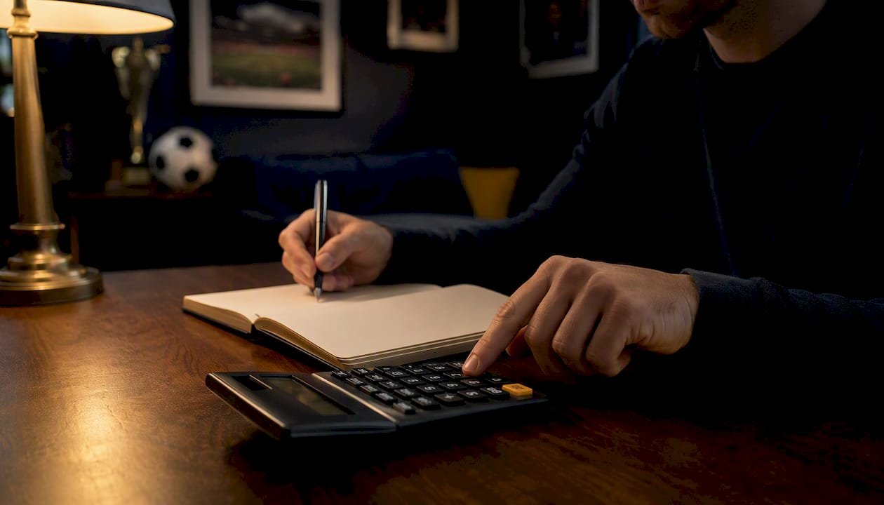 Hands calculating betting odds with calculator