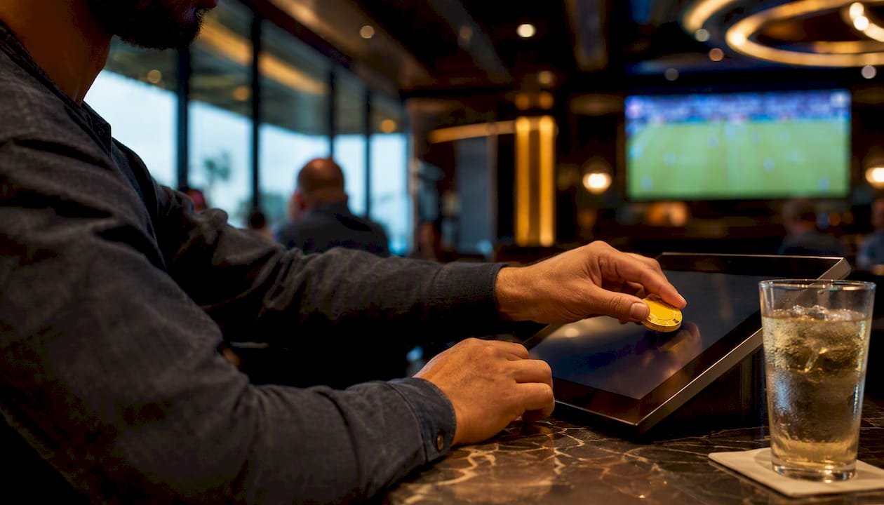 Hands placing bet token in sports betting lounge