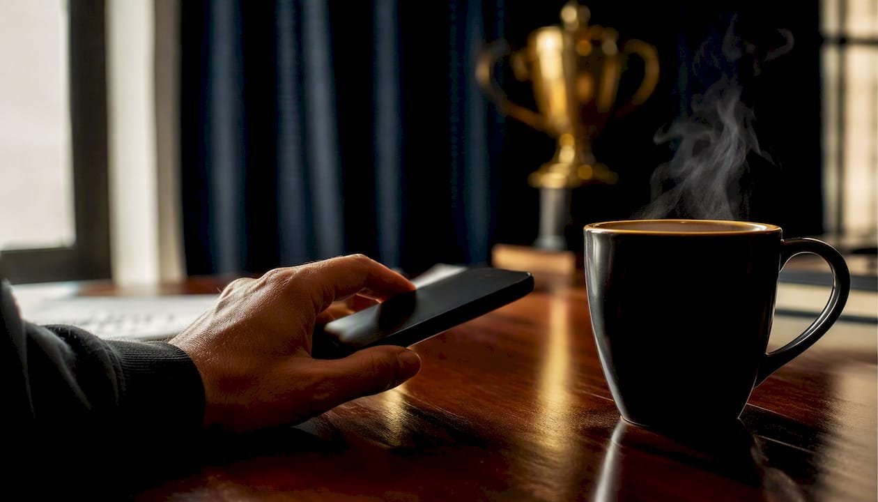 Hand holding phone with dark screen and coffee