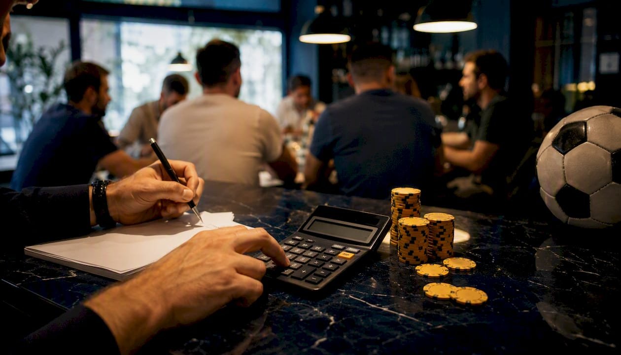 Hands calculating betting payout with calculator