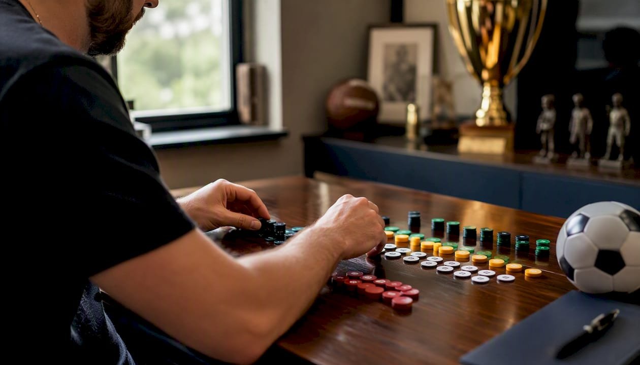 Hands arranging football betting tokens on table