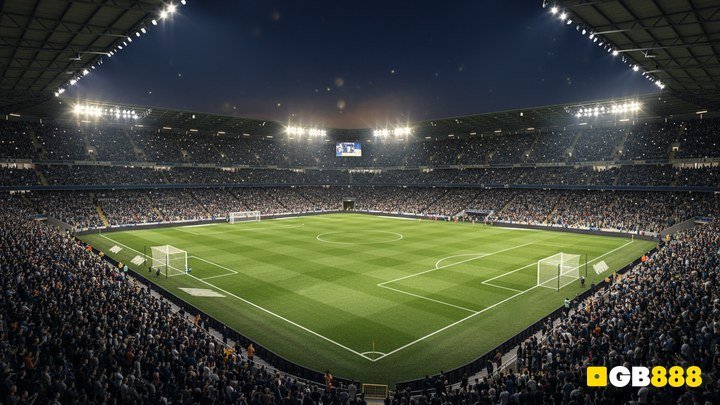 Floodlit European night football stadium with GB888 watermark — Champions League BTTS Singapore guide