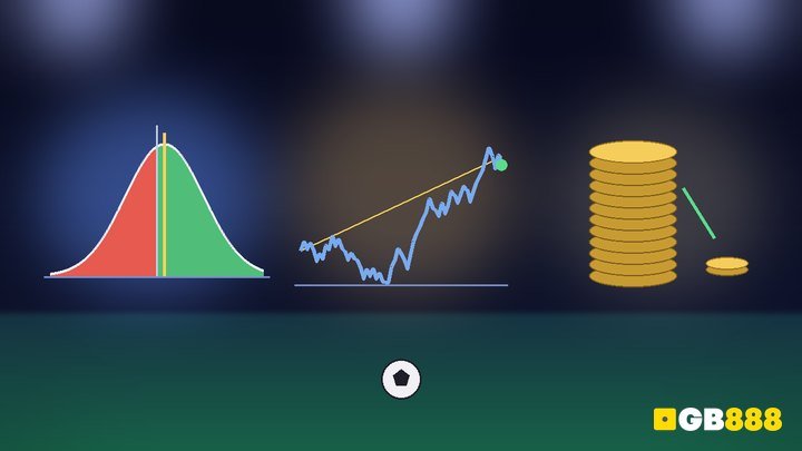 Expected value betting illustration: outcome distribution, rising bankroll path with drawdowns, and a coin stack with a small flat stake (GB888)