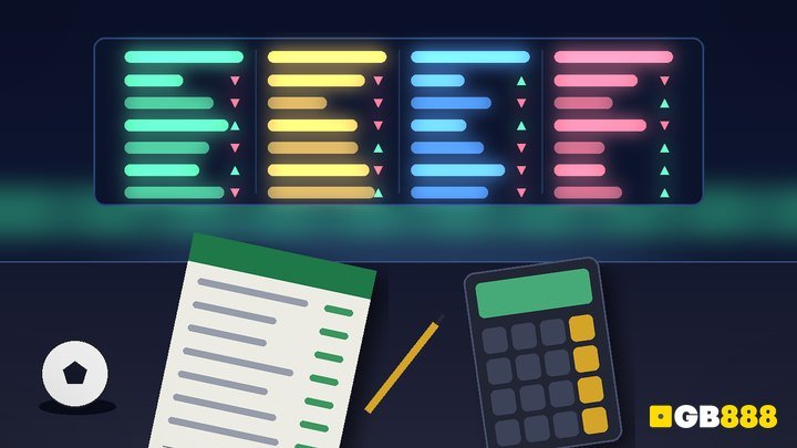 Abstract football odds board with four glowing format columns, betting slip and calculator on a dark desk, GB888 watermark